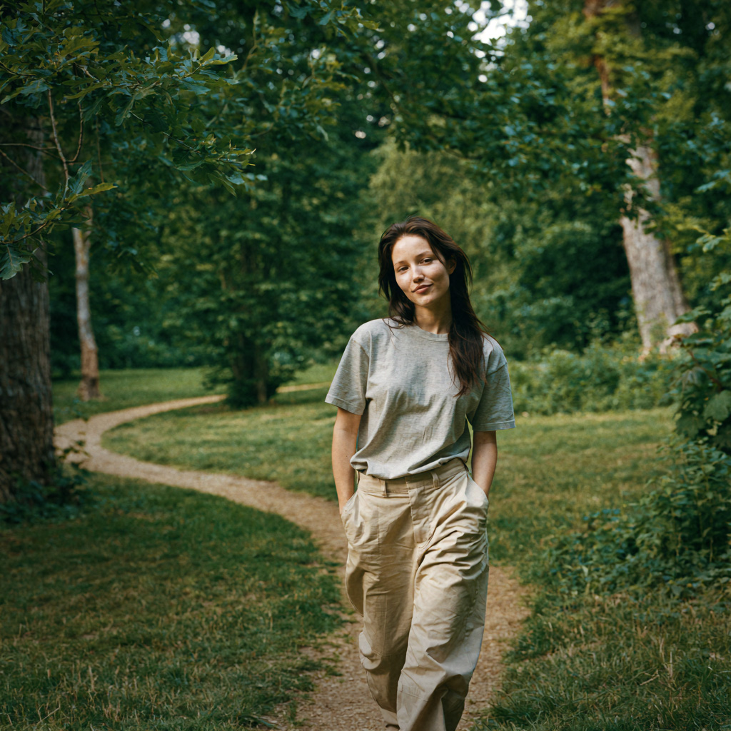 A woman walking along a winding path in a green park, finished with a custom LUTweave color grade.